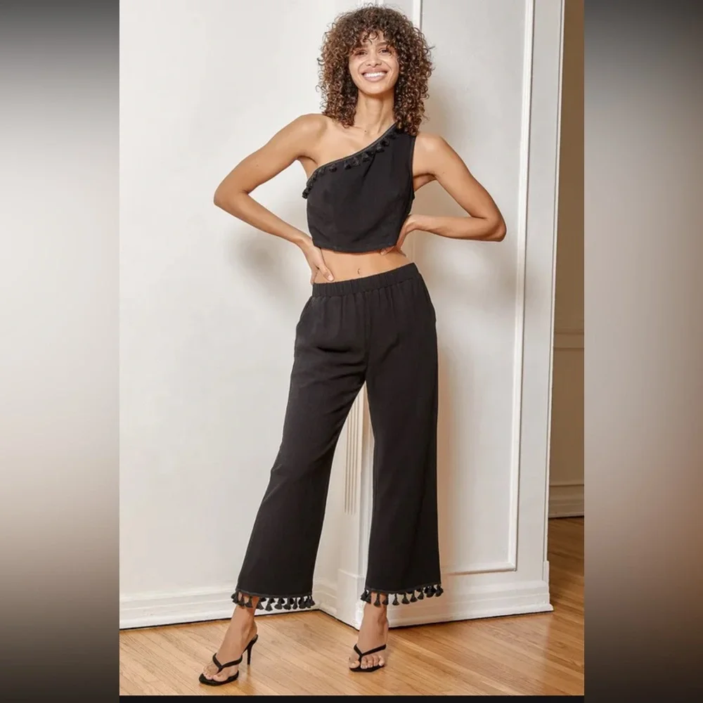 Linen Blend One Shoulder Tassel Crop Top & Wide-Leg Pants Set - Like New - Picture 1 of 17